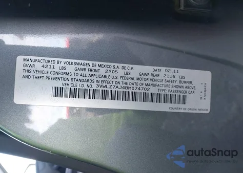 2011 Volkswagen Jetta 2.5L Sel z USA, uszkodzony, nr VIN 3VWLZ7AJ4BM074702